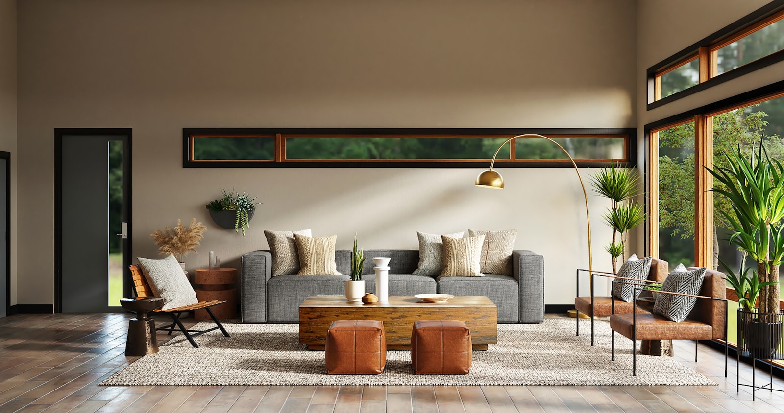 Finished residential living room with warm modern interiors